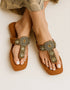 Vermira – Tan embellished Kolhapuri flats with golden buckle design by Essence by Rubina